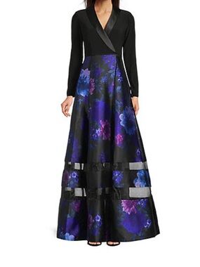 Adrianna Papell Black Evening Gown with Blue and Purple Floral Skirt